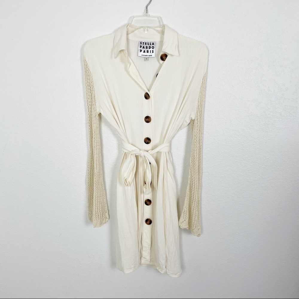 Stella Pardot Paris Crochet Long Sleeve Button Front Dress Cream Small Casual